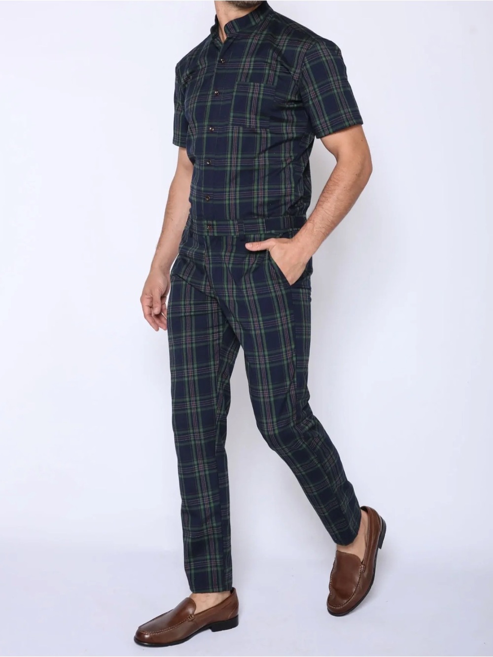 RomperJack St. Nick Tartan Collared Shirt Jumpsuit Size S